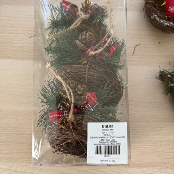 Cardinal Bird Nest Christmas Tree Ornaments Pinecones Plaid Bows 8 Total - Picture 5 of 5
